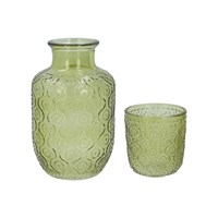Glass Water Carafe Set 14cm - Olive Green Daisy